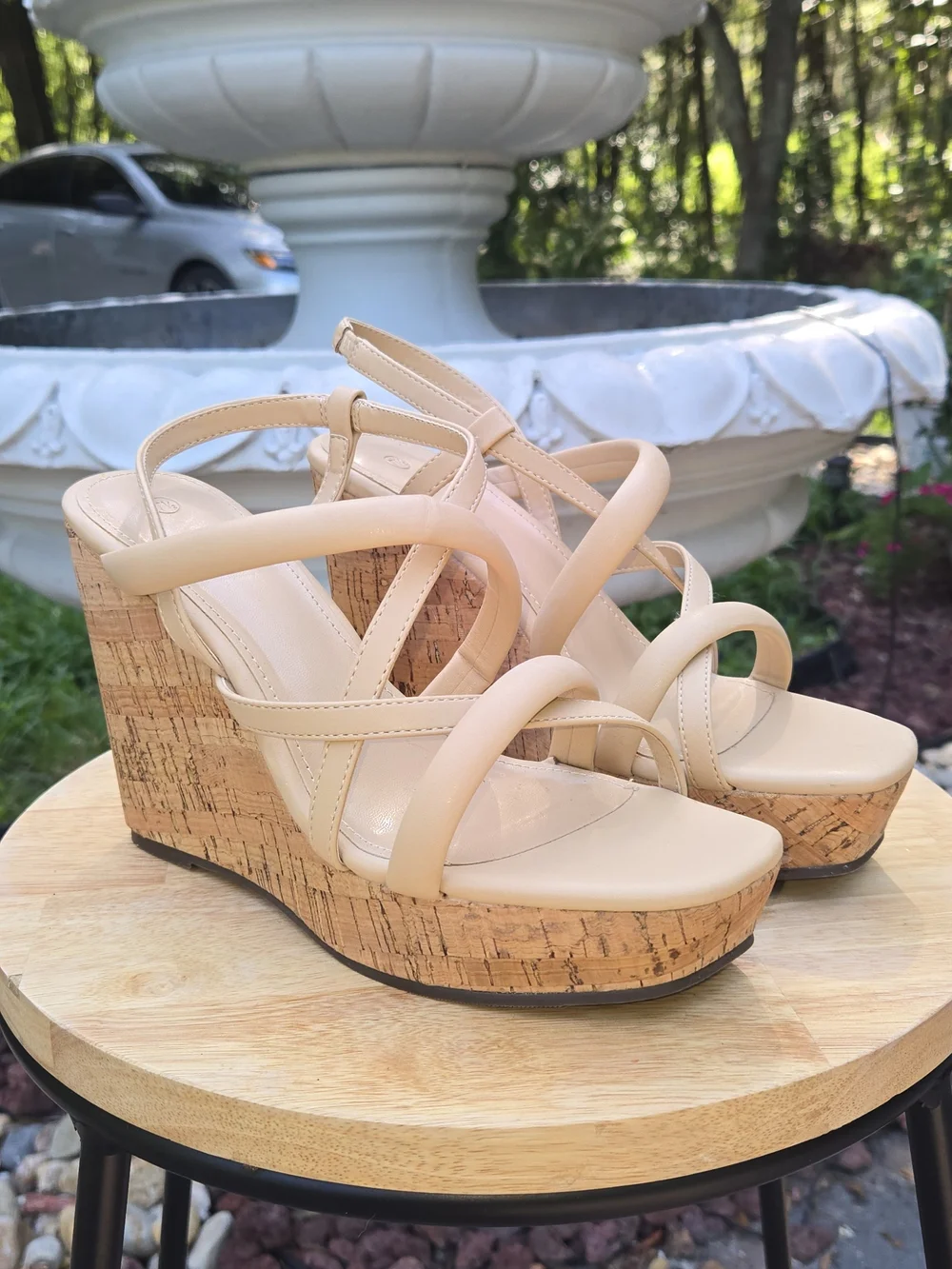 Neutral Beige Cork Platform Strappy Sandals - Women